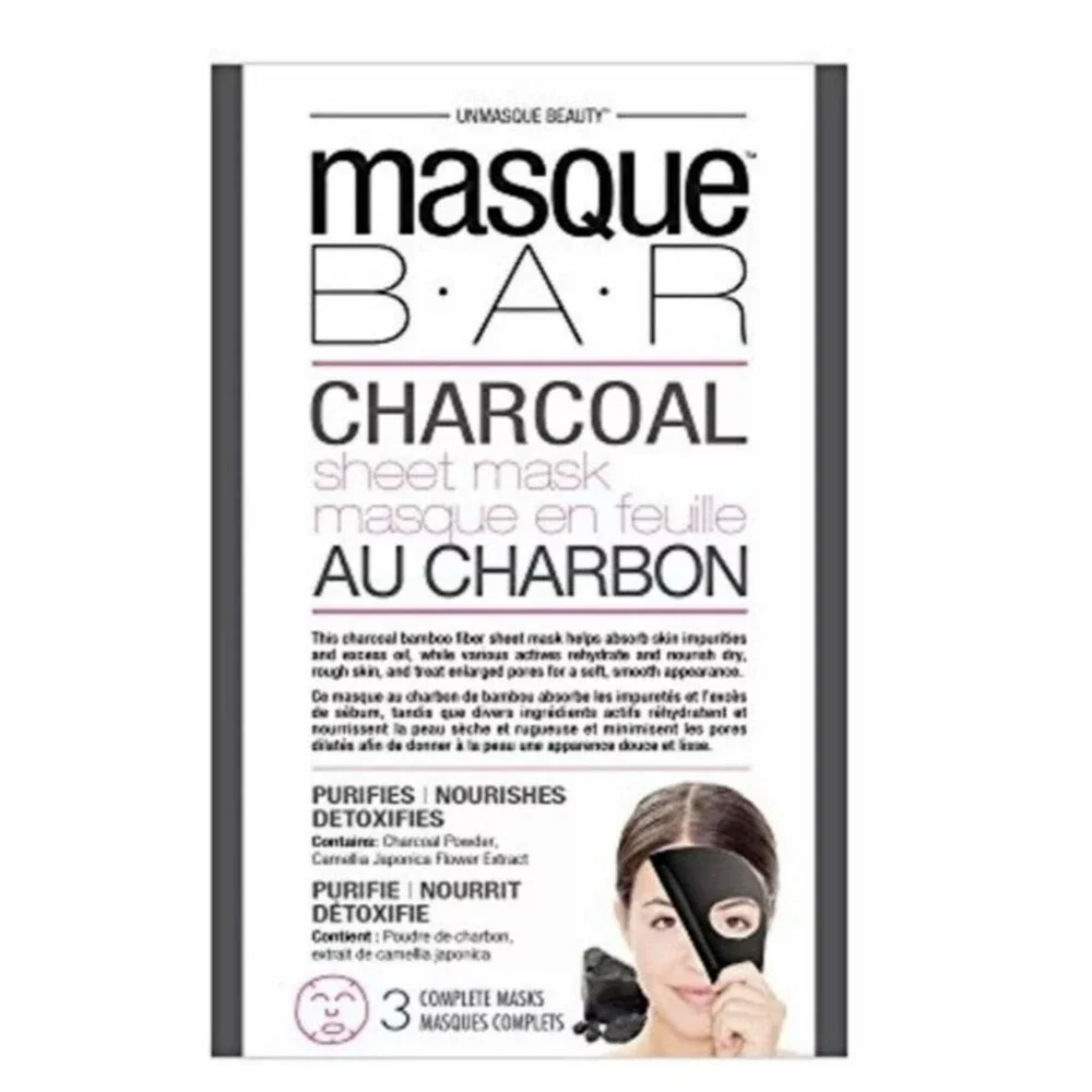 Masque Bar Charcoal Sheet Mask 3 Pack Bamboo Fiber Detox Pore Care Skincare NEW